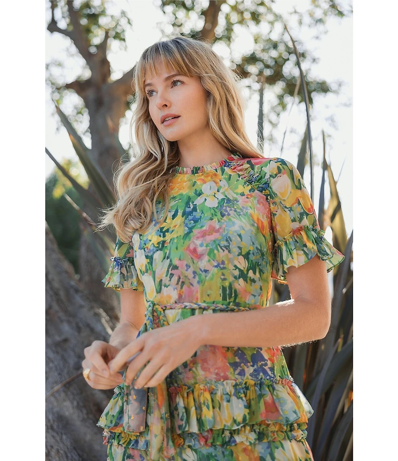 Mac Duggal Chiffon Floral Print Crew Neck Short Sleeve Ruffle Waist Tie Gown