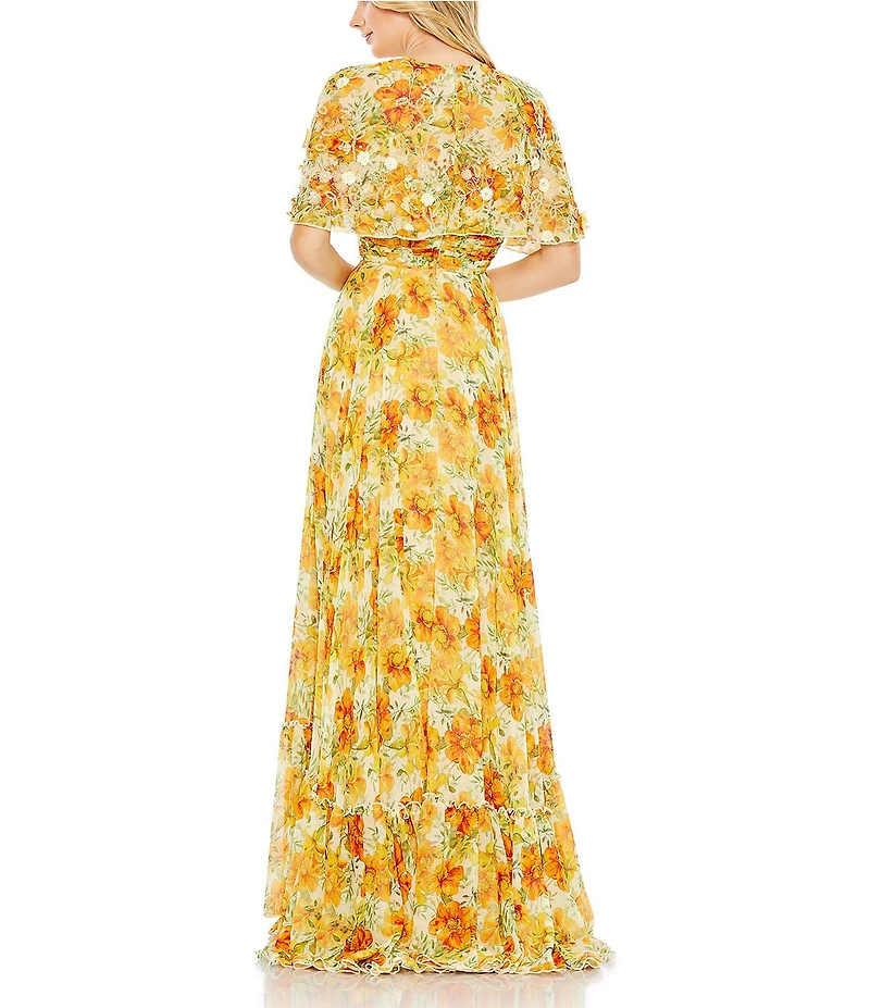 Mac Duggal Chiffon Floral Print High Neck Cape Sleeve A-Line Dress