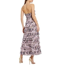 Mac Duggal Chiffon Floral Print Strapless Neck Sleeveless Ruffle Tiered A-Line Maxi Dress