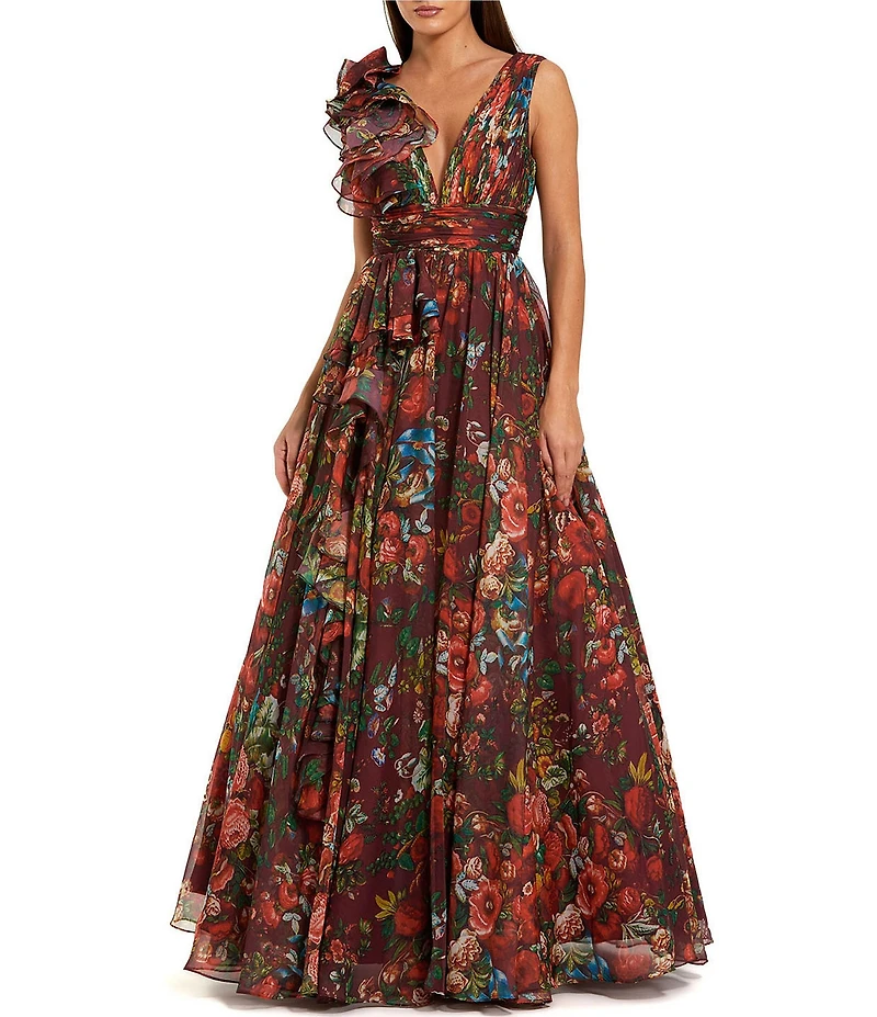 Mac Duggal Chiffon Floral Print V Neck Sleeveless Ruffle A-Line Gown