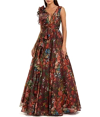 Mac Duggal Chiffon Floral Print V Neck Sleeveless Ruffle A-Line Gown