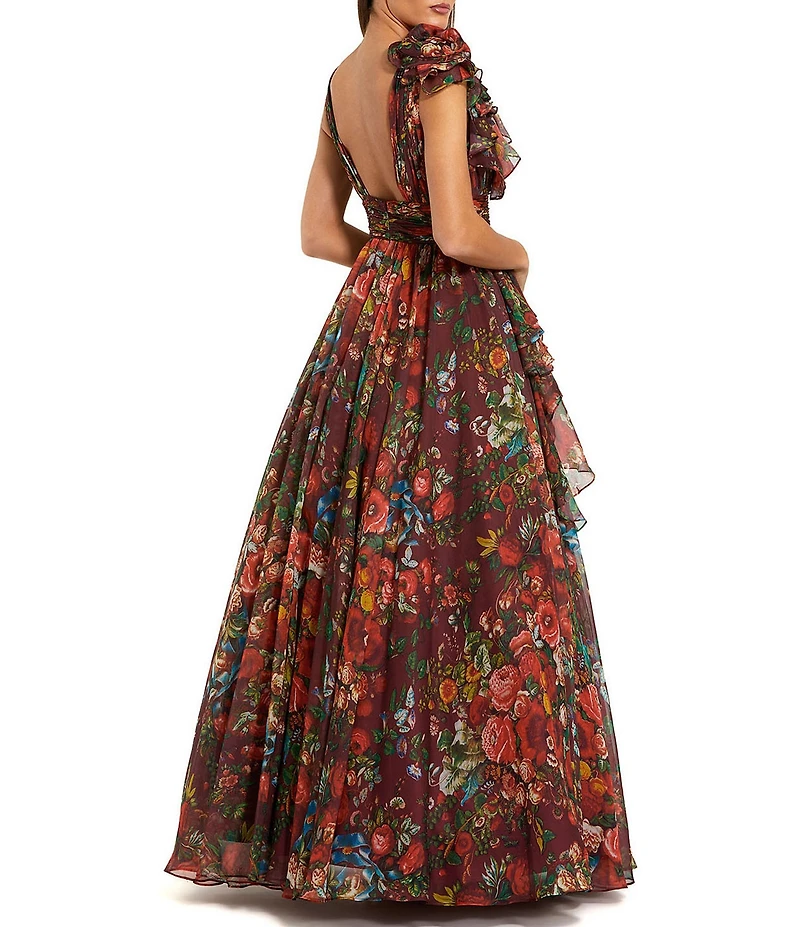 Mac Duggal Chiffon Floral Print V Neck Sleeveless Ruffle A-Line Gown