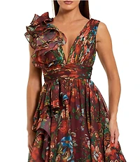 Mac Duggal Chiffon Floral Print V Neck Sleeveless Ruffle A-Line Gown