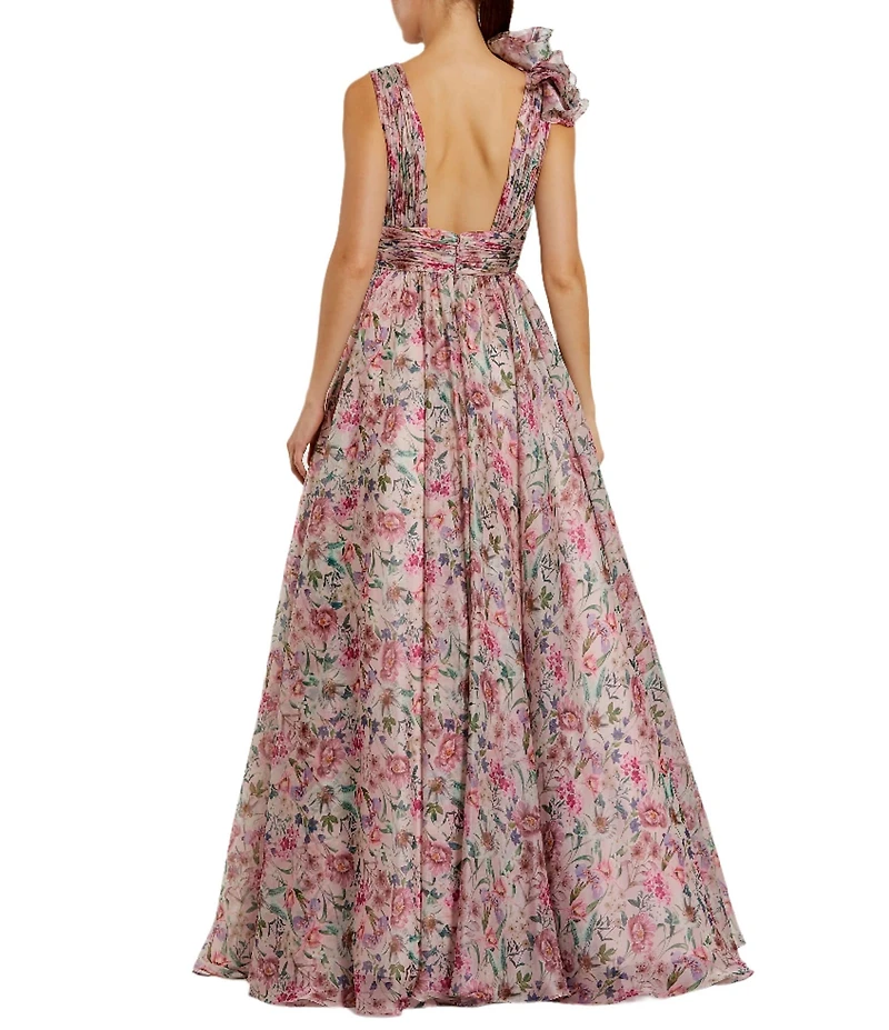 Mac Duggal Chiffon Floral Print V Neck Sleeveless Ruffle A-Line Gown