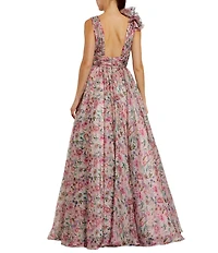 Mac Duggal Chiffon Floral Print V Neck Sleeveless Ruffle A-Line Gown