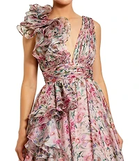 Mac Duggal Chiffon Floral Print V Neck Sleeveless Ruffle A-Line Gown