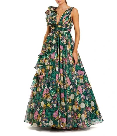 Mac Duggal Chiffon Floral Print V Neck Sleeveless Ruffle A-Line Gown