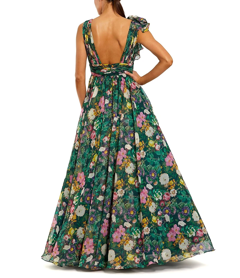 Mac Duggal Chiffon Floral Print V Neck Sleeveless Ruffle A-Line Gown