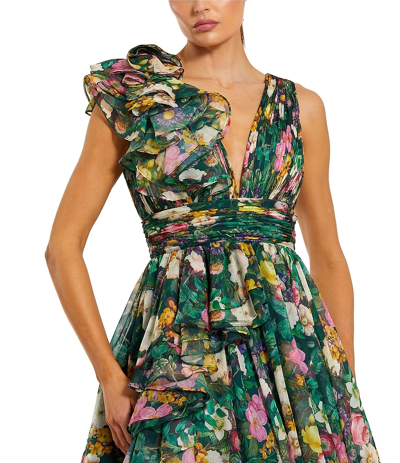 Mac Duggal Chiffon Floral Print V Neck Sleeveless Ruffle A-Line Gown