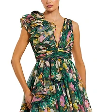 Mac Duggal Chiffon Floral Print V Neck Sleeveless Ruffle A-Line Gown