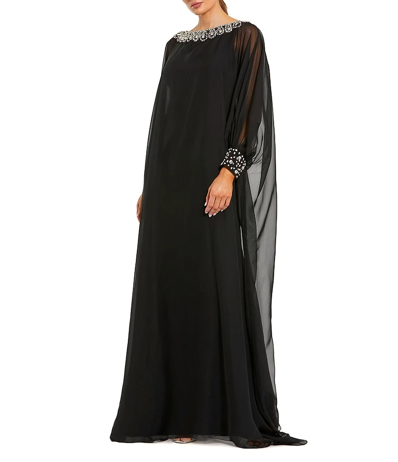 Mac Duggal Chiffon Long Sleeve Beaded Neck Trim Caftan Gown