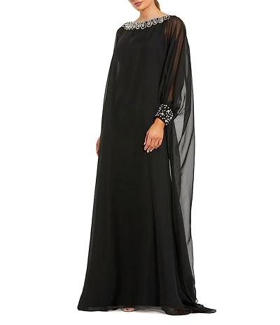 Mac Duggal Chiffon Long Sleeve Beaded Neck Trim Caftan Gown