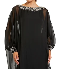 Mac Duggal Chiffon Long Sleeve Beaded Neck Trim Caftan Gown