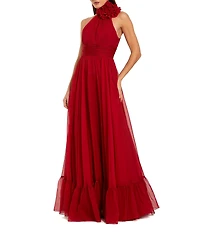 Mac Duggal Chiffon Mesh Flower Halter Neck Sleeveless Gown