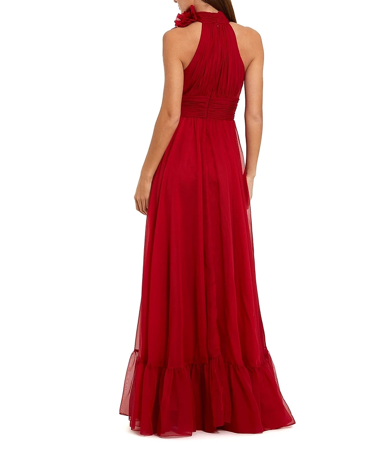 Mac Duggal Chiffon Mesh Flower Halter Neck Sleeveless Gown