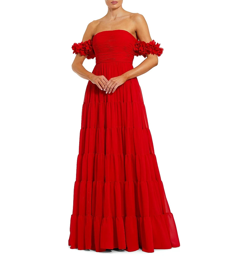 Mac Duggal Chiffon Off The Shoulder Gown With 3D Flowers