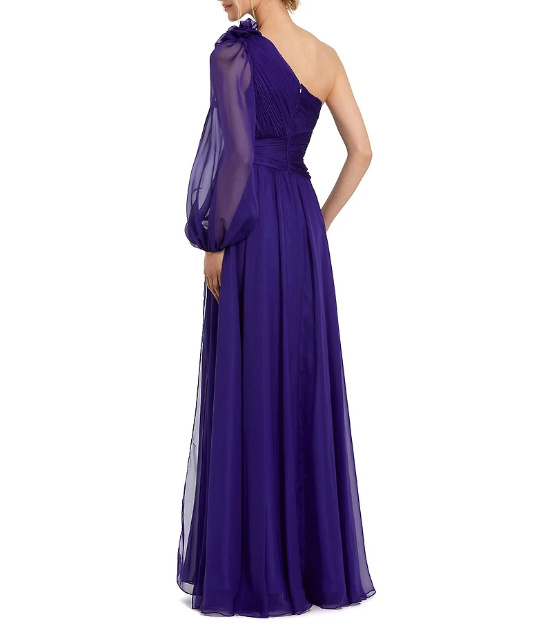 Mac Duggal Chiffon One Shoulder Long Sheer Sleeve Rosette Pleated Side Slit Gown