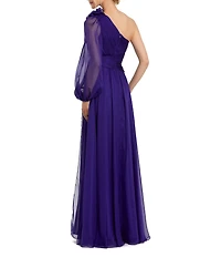 Mac Duggal Chiffon One Shoulder Long Sheer Sleeve Rosette Pleated Side Slit Gown