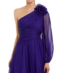 Mac Duggal Chiffon One Shoulder Long Sheer Sleeve Rosette Pleated Side Slit Gown