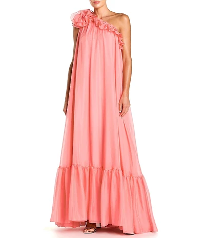 Mac Duggal Chiffon One Shoulder Ruffle Gown With Rose