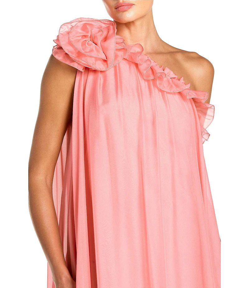 Mac Duggal Chiffon One Shoulder Ruffle Gown With Rose