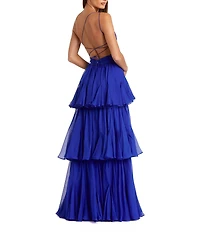 Mac Duggal Chiffon One Shoulder Tiered Hem Side Cut-Out Column Gown