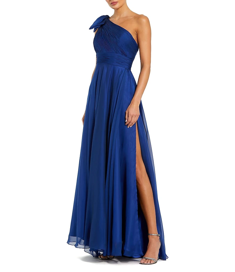 Mac Duggal Chiffon Pleated Asymmetrical Neck Shoulder Ruffle Cap Sleeve Thigh High Slit Gown