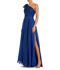Mac Duggal Chiffon Pleated Asymmetrical Neck Shoulder Ruffle Cap Sleeve Thigh High Slit Gown