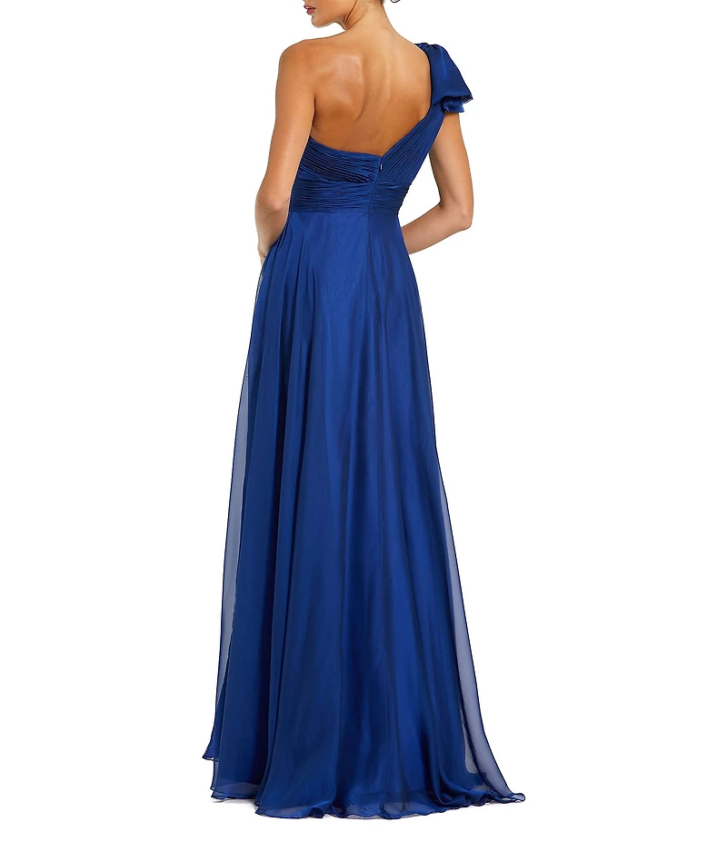 Mac Duggal Chiffon Pleated Asymmetrical Neck Shoulder Ruffle Cap Sleeve Thigh High Slit Gown
