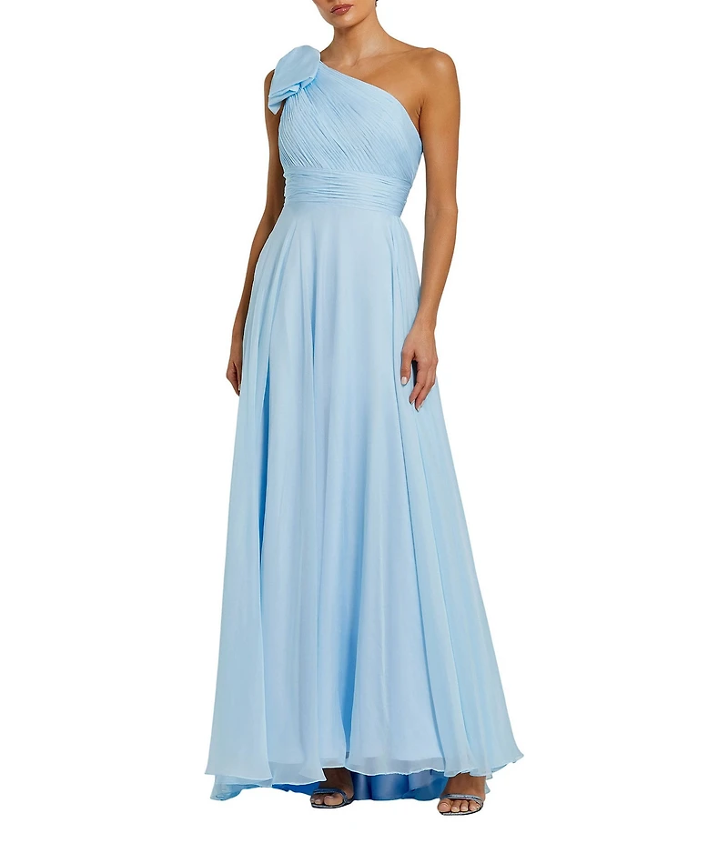 Mac Duggal Chiffon Pleated Asymmetrical Neck Shoulder Ruffle Cap Sleeve Thigh High Slit Gown