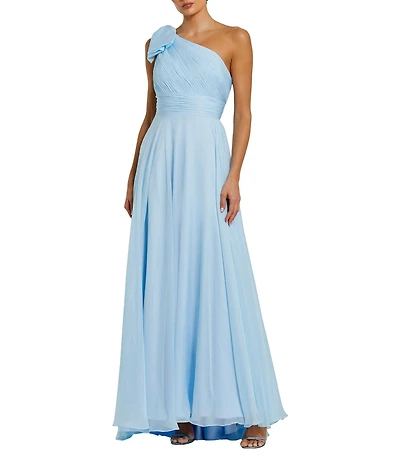Mac Duggal Chiffon Pleated Asymmetrical Neck Shoulder Ruffle Cap Sleeve Thigh High Slit Gown