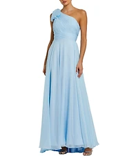 Mac Duggal Chiffon Pleated Asymmetrical Neck Shoulder Ruffle Cap Sleeve Thigh High Slit Gown