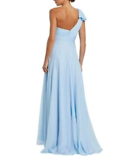 Mac Duggal Chiffon Pleated Asymmetrical Neck Shoulder Ruffle Cap Sleeve Thigh High Slit Gown
