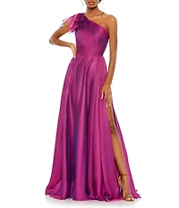 Mac Duggal Chiffon Pleated Asymmetrical Neck Shoulder Ruffle Cap Sleeve Thigh High Slit Gown