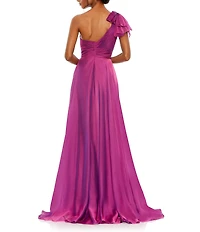 Mac Duggal Chiffon Pleated Asymmetrical Neck Shoulder Ruffle Cap Sleeve Thigh High Slit Gown