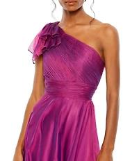 Mac Duggal Chiffon Pleated Asymmetrical Neck Shoulder Ruffle Cap Sleeve Thigh High Slit Gown