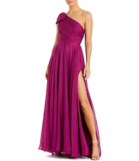 Mac Duggal Chiffon Pleated Asymmetrical Neck Shoulder Ruffle Cap Sleeve Thigh High Slit Gown