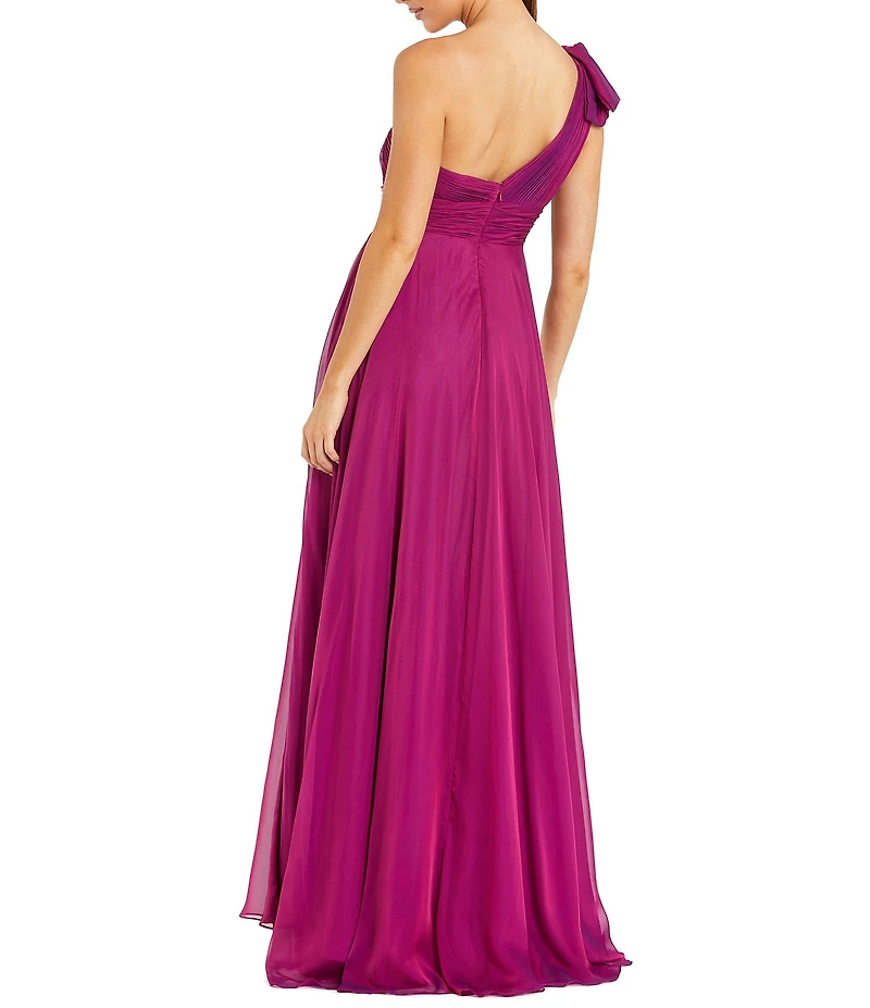 Mac Duggal Chiffon Pleated Asymmetrical Neck Shoulder Ruffle Cap Sleeve Thigh High Slit Gown