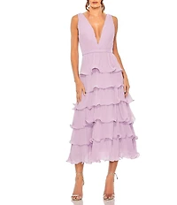 Mac Duggal Chiffon Plunge V-Neck Sleeveless Ruffle Midi A-Line Dress