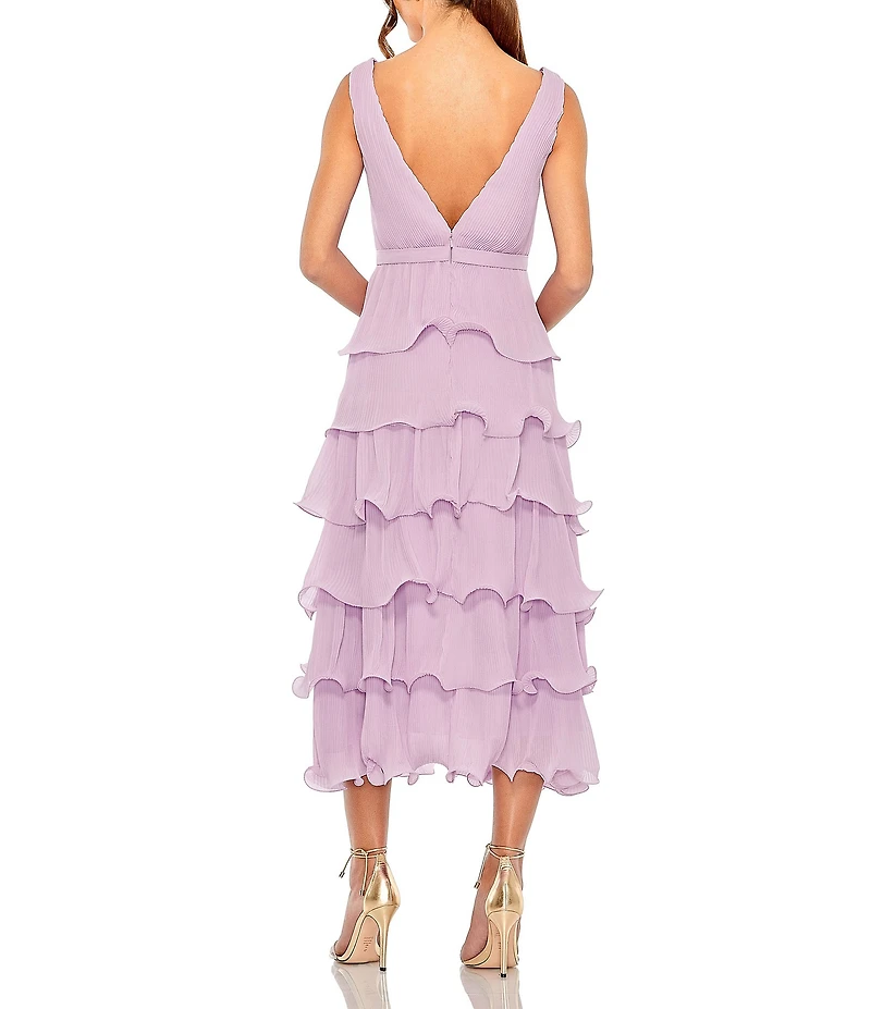 Mac Duggal Chiffon Plunge V-Neck Sleeveless Ruffle Midi A-Line Dress