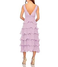 Mac Duggal Chiffon Plunge V-Neck Sleeveless Ruffle Midi A-Line Dress