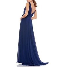Mac Duggal Chiffon Plunge V-Neck Sleevless Draped Tie Trapeze Gown