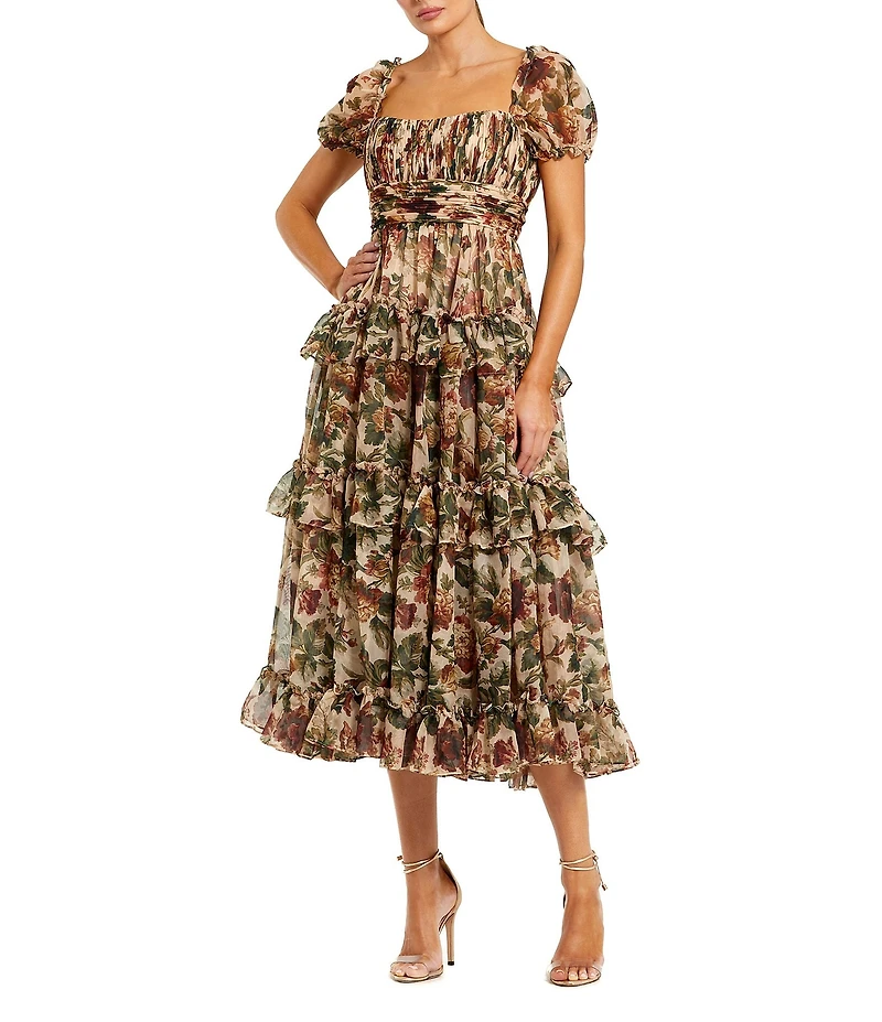Mac Duggal Chiffon Puff Sleeve A Line Midi Dress With Ruffles