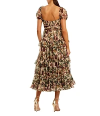 Mac Duggal Chiffon Puff Sleeve A Line Midi Dress With Ruffles