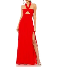 Mac Duggal Chiffon Ruched Halter Strap Keyhole Flowy Gown