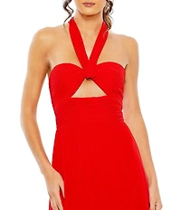 Mac Duggal Chiffon Ruched Halter Strap Keyhole Flowy Gown