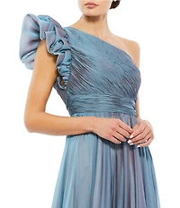 Mac Duggal Chiffon Ruched One Shoulder Flutter Sleeve Tiered Gown