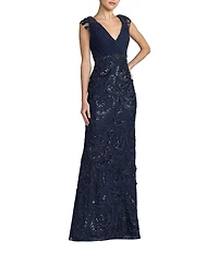 Mac Duggal Chiffon V-Neck Embroidered Gown
