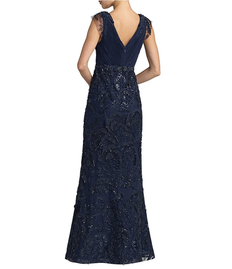 Mac Duggal Chiffon V-Neck Embroidered Gown