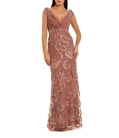 Mac Duggal Chiffon V-Neck Embroidered Gown